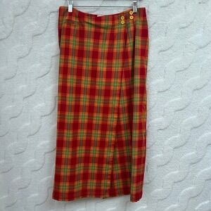 Marisa Canvas Skirt Dark Academia Red Green Plaid Faux Wrap Button 12 Women's